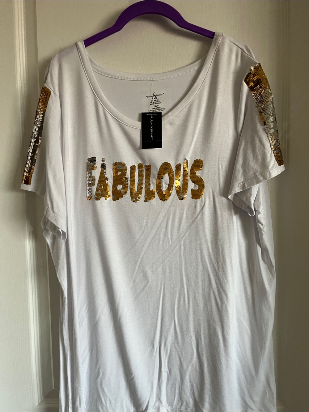 Ashley Stewart White Scoop Neck Tee with Gold Sequin "FABULOUS"🪻